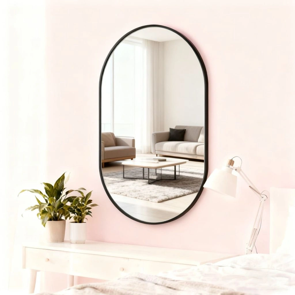 JZL0113 Modern Black Aluminum Alloy Framed Bathroom Wall Mirror 60x90cm Rounded Corner Vanity Mirror 1